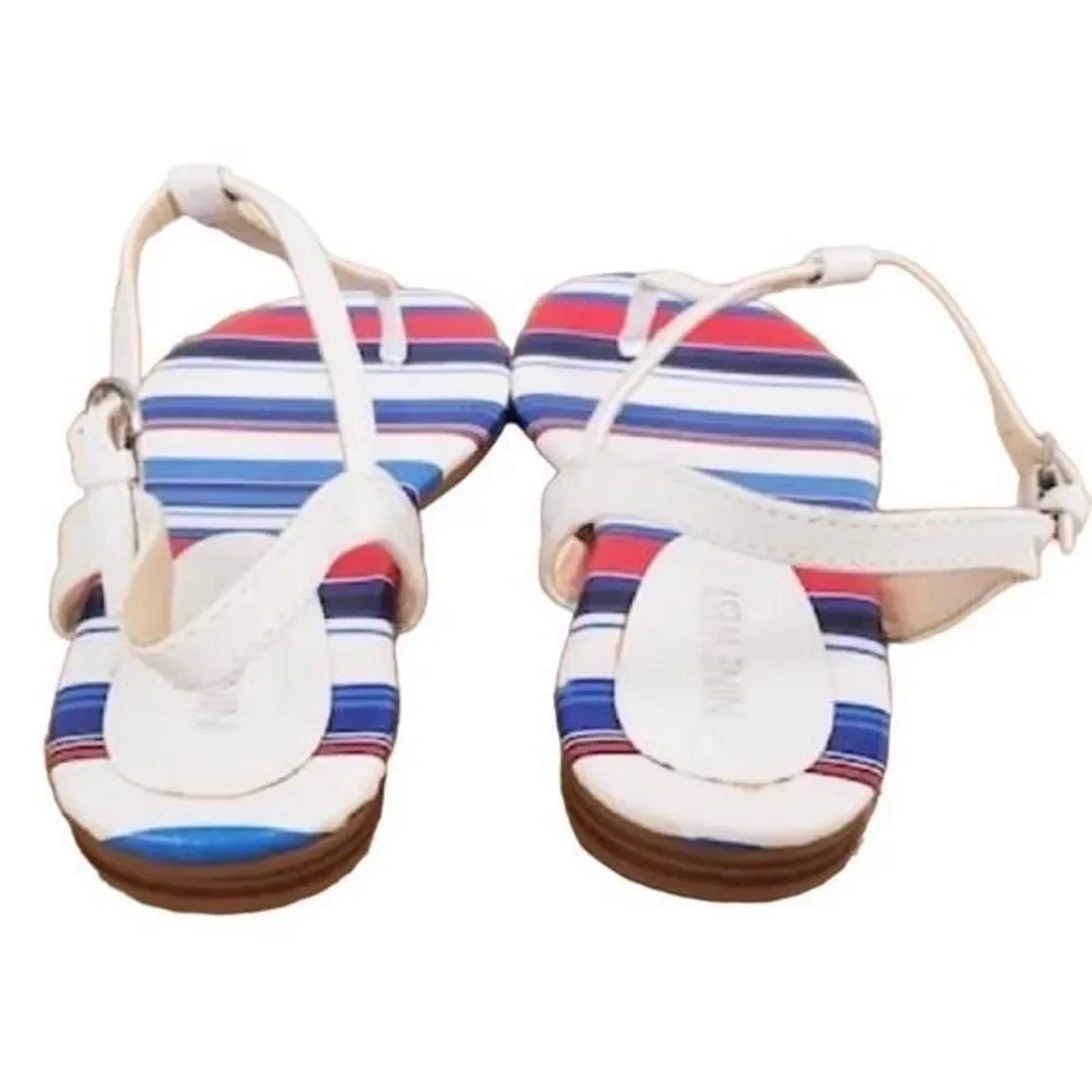 NEW Nine West Leather Zowieo Red White‎ Blue Striped Flat Strap Sandals  SZ 6.5